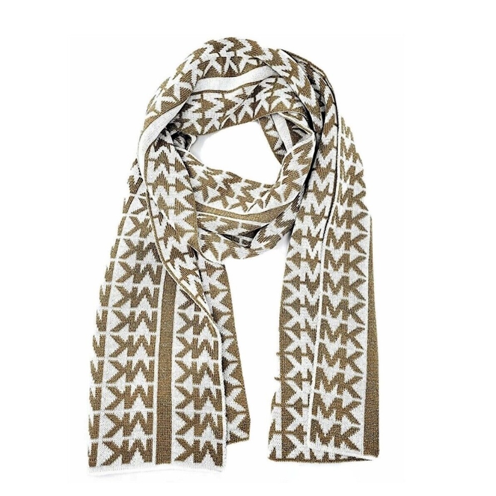 Michael Michael Kors MK Knit Scarf Muffler Neck Warmer Gold Metallic Tan White